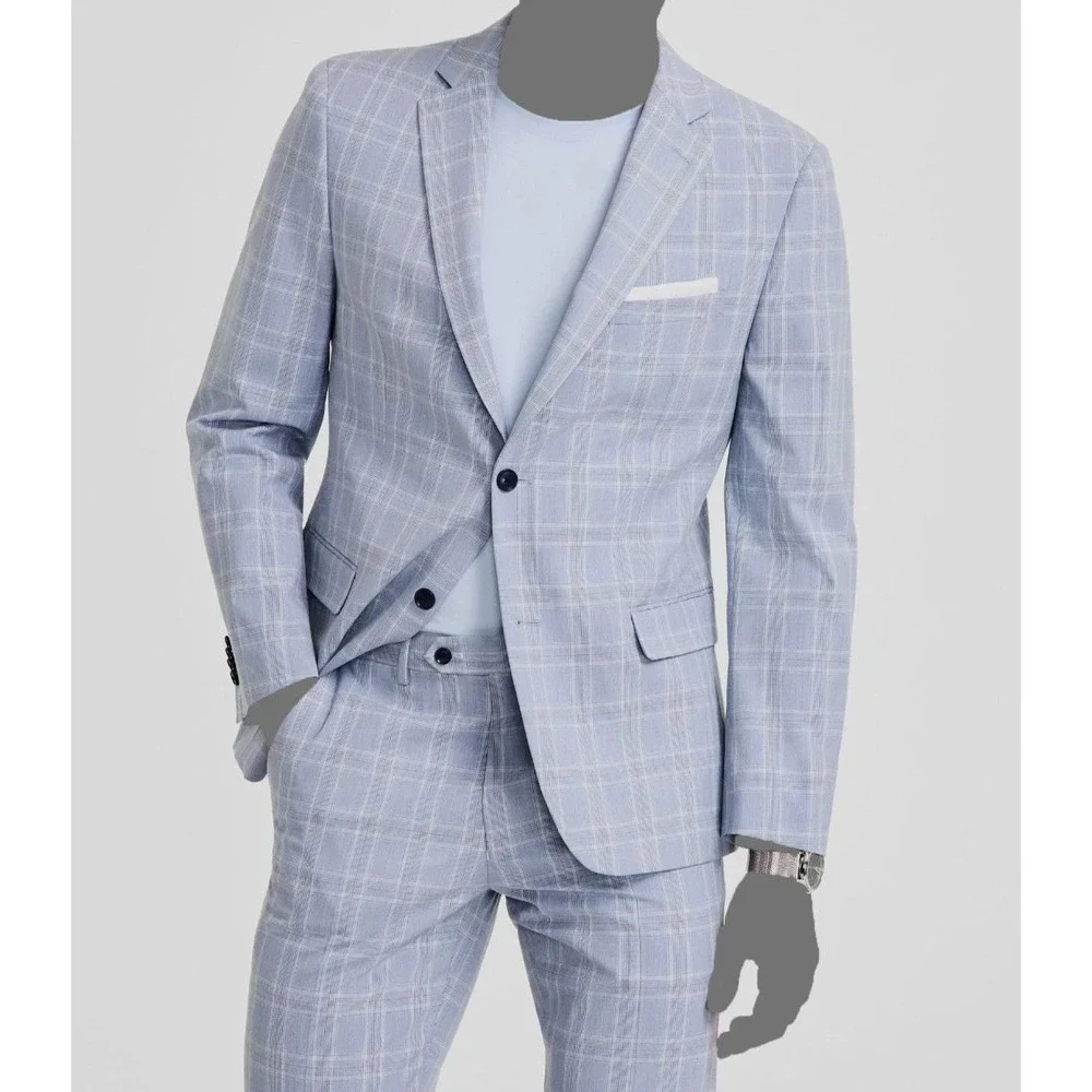 Alfani Men's Slim-Fit 2-pc Suit Jacket Stretch Plaid Size 38L Pants 30Wx30L Blue
